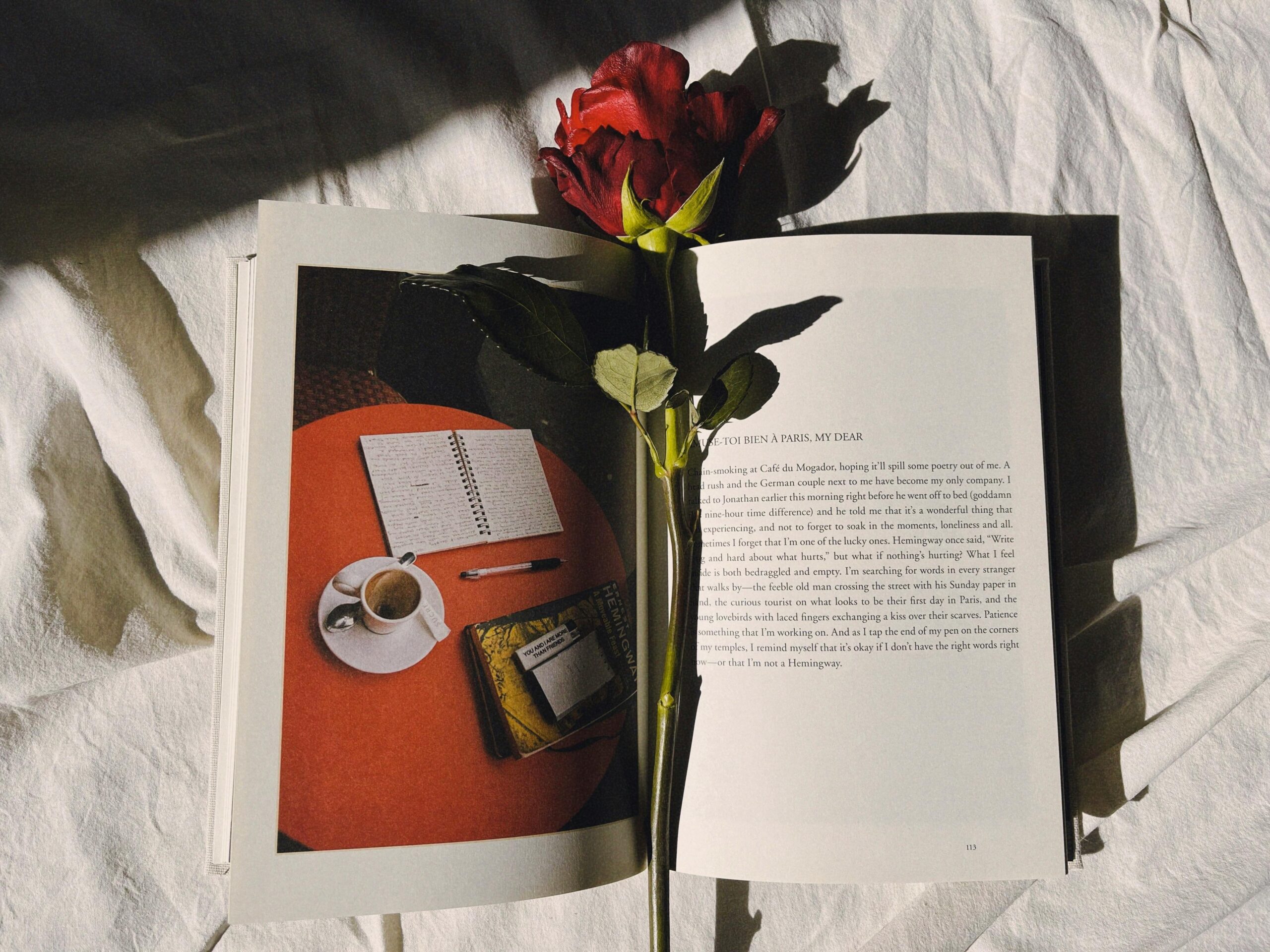 A romantic setup with an open book and red rose on a sunlit bed sheet, perfect for nostalgic or literary themes.